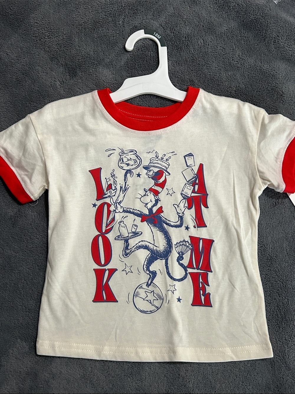 New* Hybrid Apparel- Cat & the Hat  Cream & Red 'Look At Me' Graphic Ringer Tee